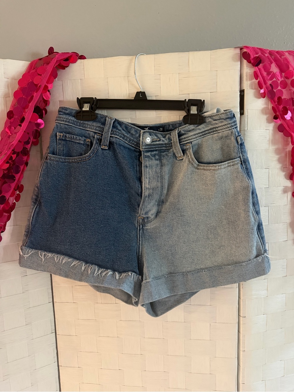 Hollister Two-Tone Blue Denim Rolled Hem Shorts
